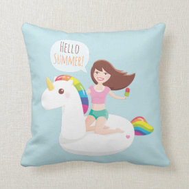 Rainbow Unicorn Pool Float Summer Throw Pillow