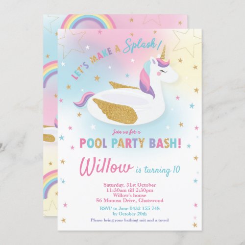 Rainbow Unicorn Pool Party Birthday Invitation