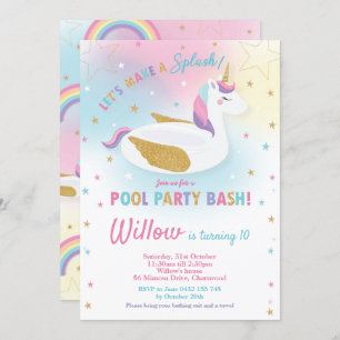 Rainbow Unicorn Pool Party Birthday Invitation