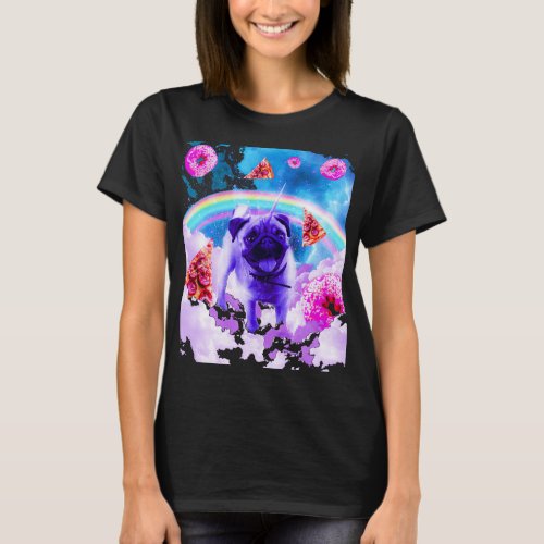 Rainbow Unicorn Pug In The Clouds In Space T_Shirt