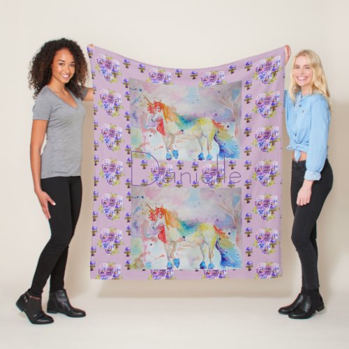 Rainbow Unicorn Purple Floral Pansy Fleece Blanket