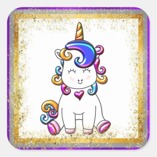 Rainbow Unicorn Purple Glitter Birthday Square Sticker