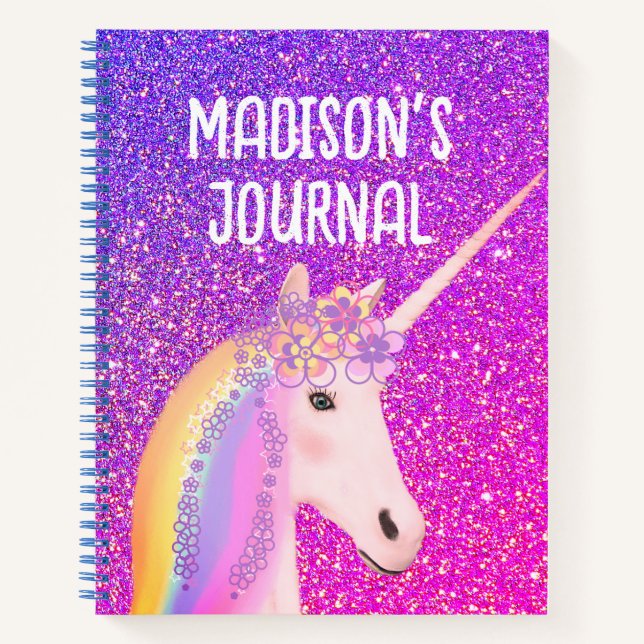Rainbow Unicorn Purple Glitter Monogram Journal (Front)
