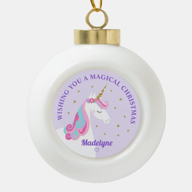 Rainbow Unicorn Purple Personalized Christmas Ceramic Ball Christmas Ornament (Front)