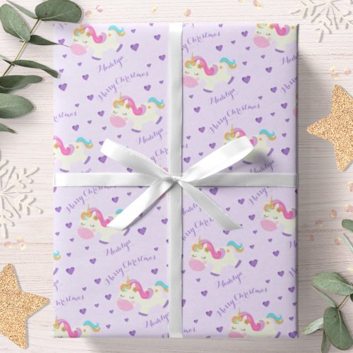Rainbow Unicorn Purple Personalized Christmas Wrapping Paper