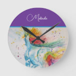 Rainbow Unicorn Purple Watercolor Girls Birthday Round Clock