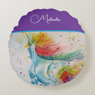 Rainbow Unicorn Purple Watercolor Girls Birthday Round Pillow