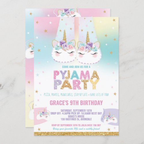 Rainbow Unicorn Pyjama Birthday Party Pajama Invitation