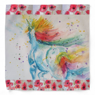 Rainbow Unicorn red Poppy Watercolour art Bandana