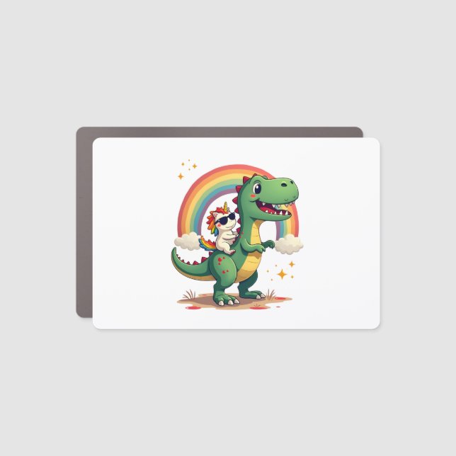 Rainbow Unicorn Riding T rex - Dinosaur Boys Girls Car Magnet (Front)