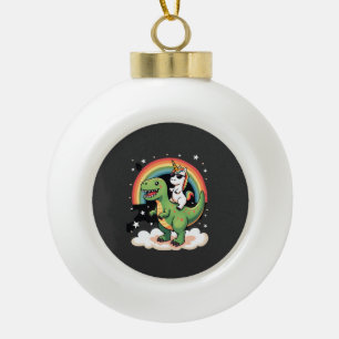 Rainbow Unicorn Riding T rex - Dinosaur Boys Girls Ceramic Ball Christmas Ornament