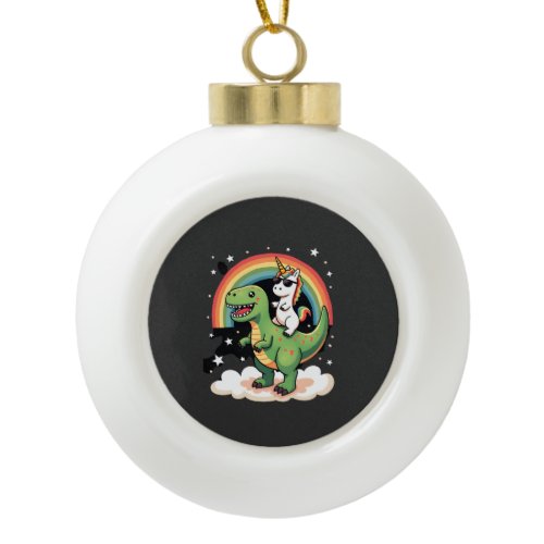 Rainbow Unicorn Riding T rex - Dinosaur Boys Girls Ceramic Ball Christmas Ornament