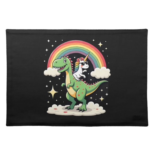 Rainbow Unicorn Riding T rex - Dinosaur Boys Girls Cloth Placemat (Front)