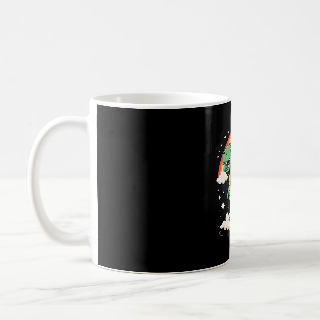 Rainbow Unicorn Riding T rex - Dinosaur Boys Girls Coffee Mug (Left)