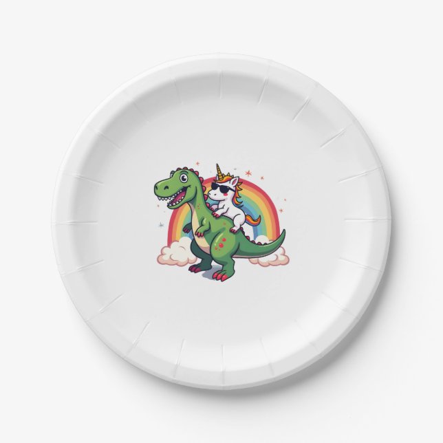 Rainbow Unicorn Riding T rex - Dinosaur Boys Girls Paper Plates (Front)