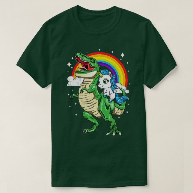 Rainbow Unicorn Riding T Rex Tyrannosaurus Rex Din T-Shirt (Design Front)