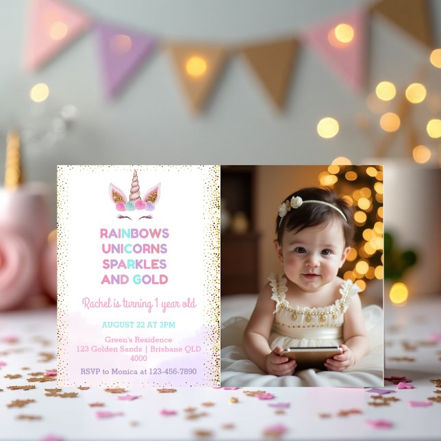 Rainbow Unicorn Royal Sparkle Birthday Photo Invitation (Rainbow Unicorn Royal Sparkle Birthday Photo Editable Invitation)