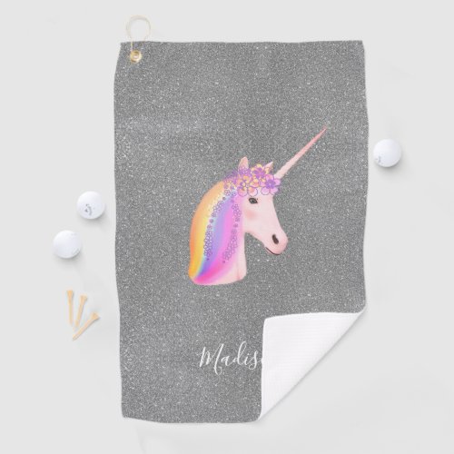 Rainbow Unicorn Silver Faux Glitter Personalized Golf Towel