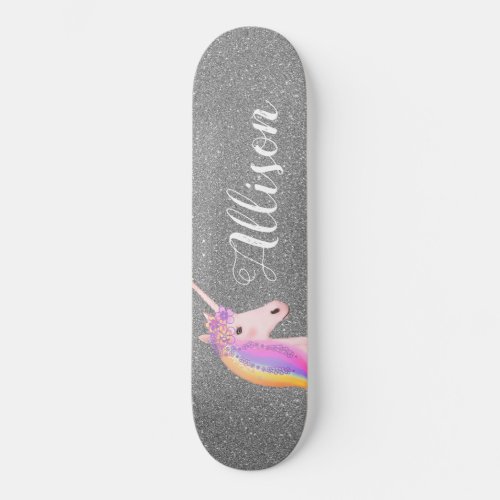 Rainbow Unicorn Silver Faux Glitter Personalized Skateboard