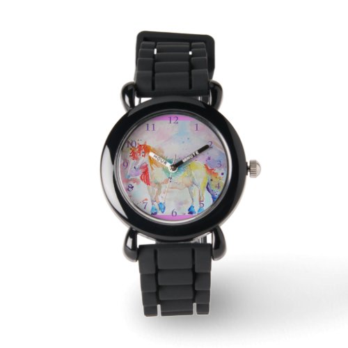 Rainbow Unicorn Silver Glitter Girls Name Watch