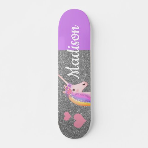 Rainbow Unicorn Silver Glitter Purple Girls Name Skateboard