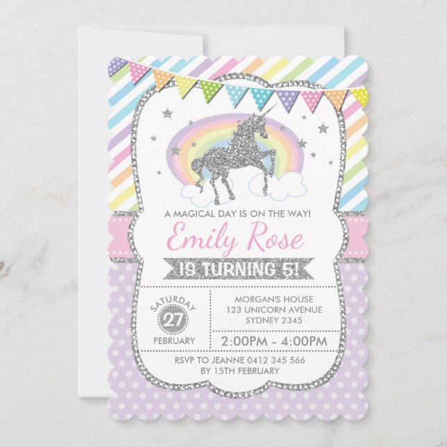 Rainbow Unicorn Silver Pink Birthday Party Invite (Front)