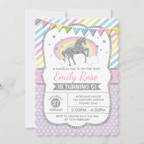 Rainbow Unicorn Silver Pink Birthday Party Invite