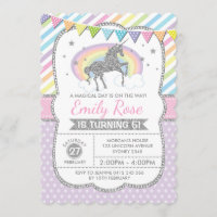 Rainbow Unicorn Silver Pink Birthday Party Invite