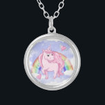 Rainbow Unicorn Silver Plated Necklace<br><div class="desc">This design features a cute pink unicorn walking on clouds with a rainbow and love hearts in the background. Personalize by editing the text in the text box or delete text for no name.
#unicorn #cute #girly #rainbow #magical #necklace #gifts #jewelry</div>