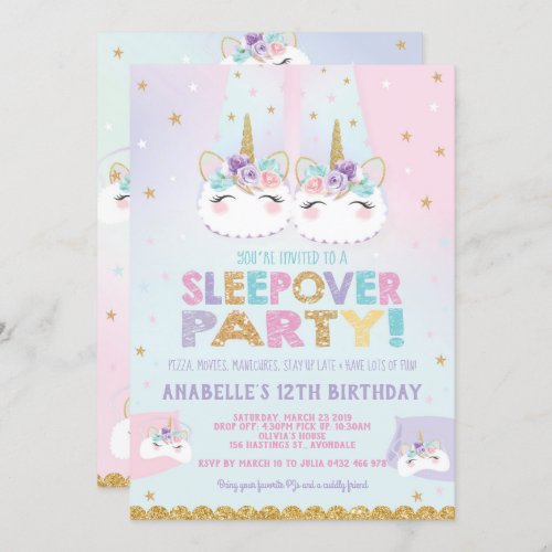 Rainbow Unicorn Sleepover Birthday Party Invitation