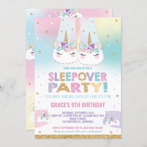 Rainbow Unicorn Sleepover Birthday Party Pajama Invitation