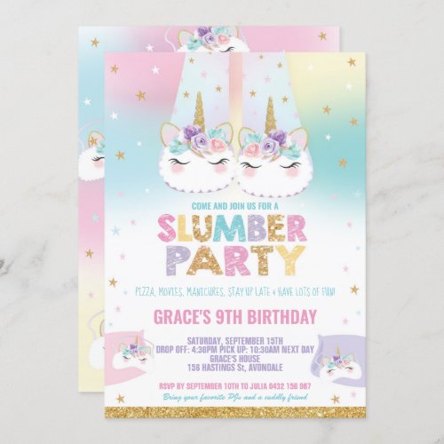 Rainbow Unicorn Slumber Birthday Party Sleepover Invitation