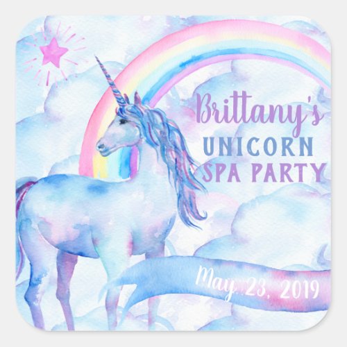 Rainbow Unicorn Spa Birthday Party Square Sticker