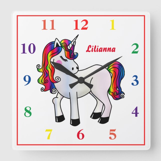Rainbow Unicorn Square Wall Clock (Front)