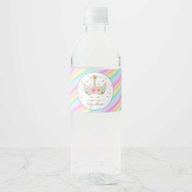 Rainbow Unicorn Star Glitter Gold Teal Baby Shower Water Bottle Label