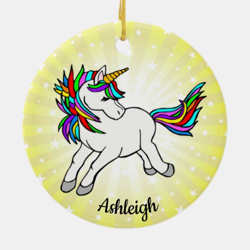 Rainbow Unicorn Starburst Design Ceramic Ornament