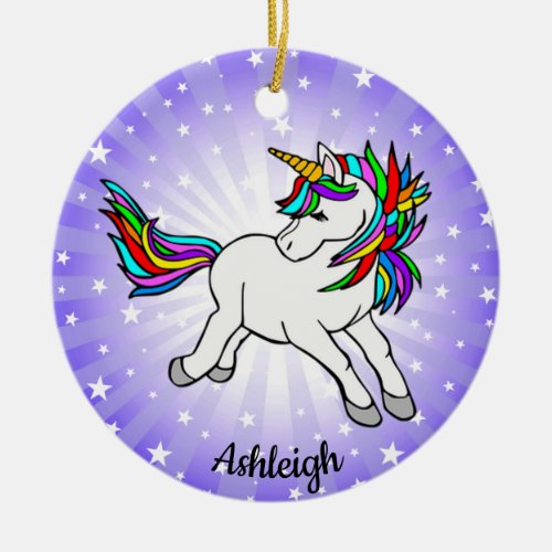 Rainbow Unicorn Starburst Design Ceramic Ornament