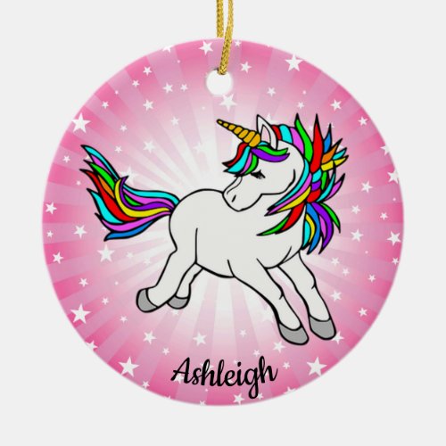 Rainbow Unicorn Starburst Design Ceramic Ornament