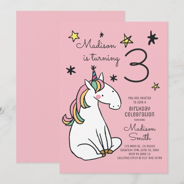 Rainbow Unicorn Stars Birthday Invitation (Front/Back)