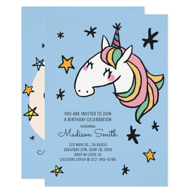 Rainbow Unicorn Stars Birthday Invitation