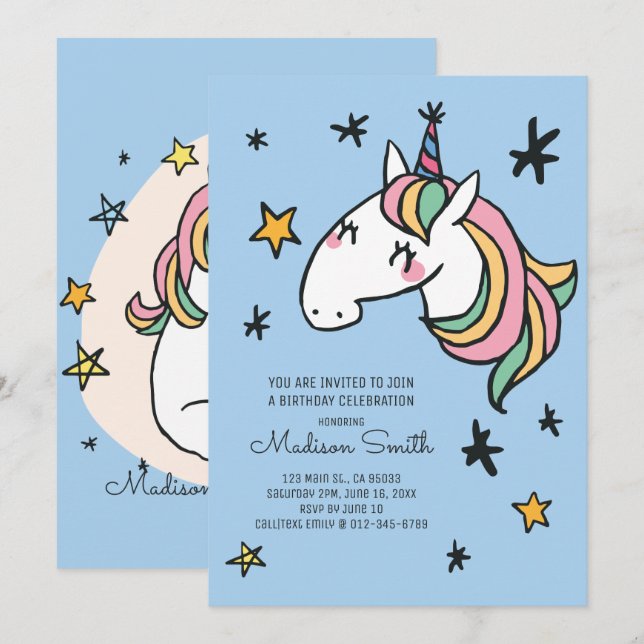 Rainbow Unicorn Stars Birthday Invitation (Front/Back)