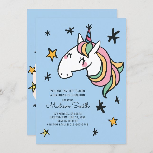 Rainbow Unicorn Stars Birthday Invitation (Front/Back)