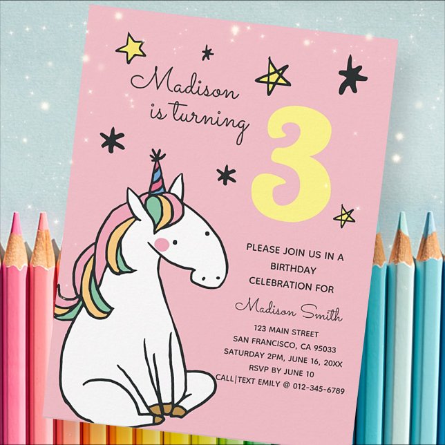 Rainbow Unicorn Stars Birthday Invitation Postcard (Creator Uploaded)