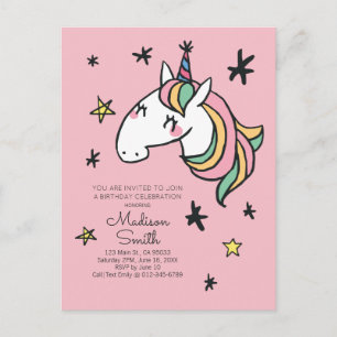 Rainbow Unicorn Stars Birthday Invitation Postcard