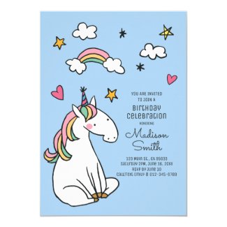 Rainbow Unicorn Stars Hearts Birthday Invitation