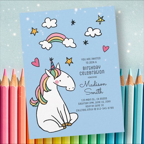 Rainbow Unicorn Stars Hearts Birthday Invitation