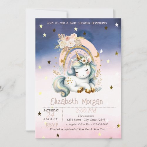 Rainbow Unicorn Stars Ombre Baby Shower Invitation