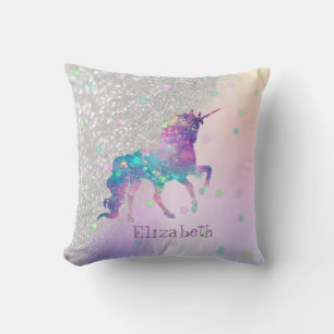Rainbow Unicorn,Stars, Silver Glitter Bokeh Throw Pillow