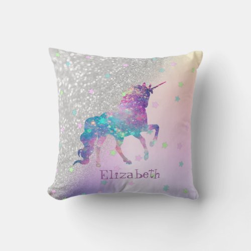 Rainbow UnicornStars Silver Glitter Bokeh Throw Pillow