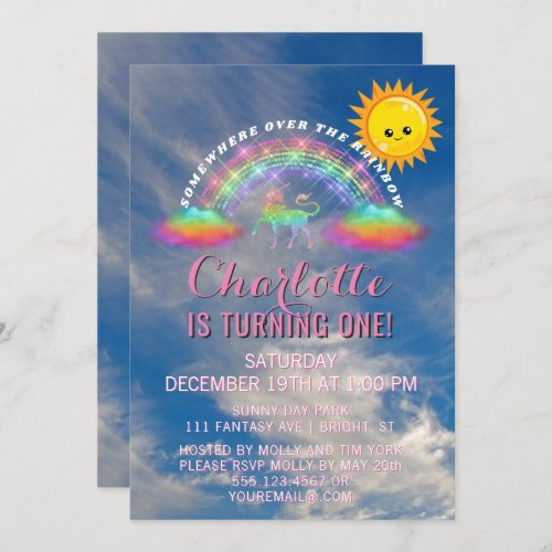 Rainbow Unicorn Sun Clouds 1st Birthday Party Invitation